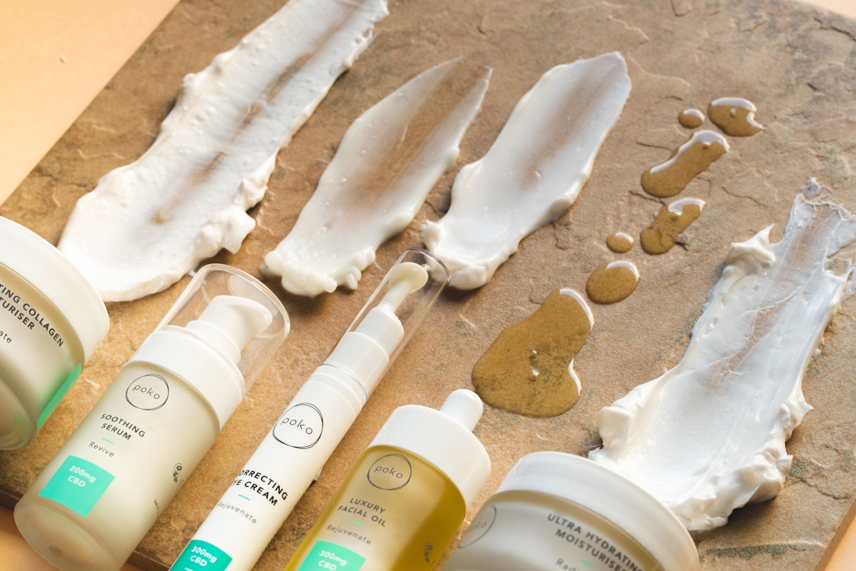 Natural body care products and wellness supplements displayed together